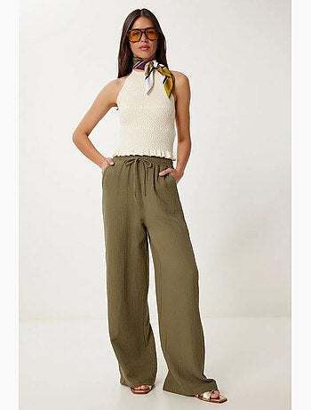 Preciosos pantalones estambul de pierna ancha con cordón y detalle de ribete. Istanbul