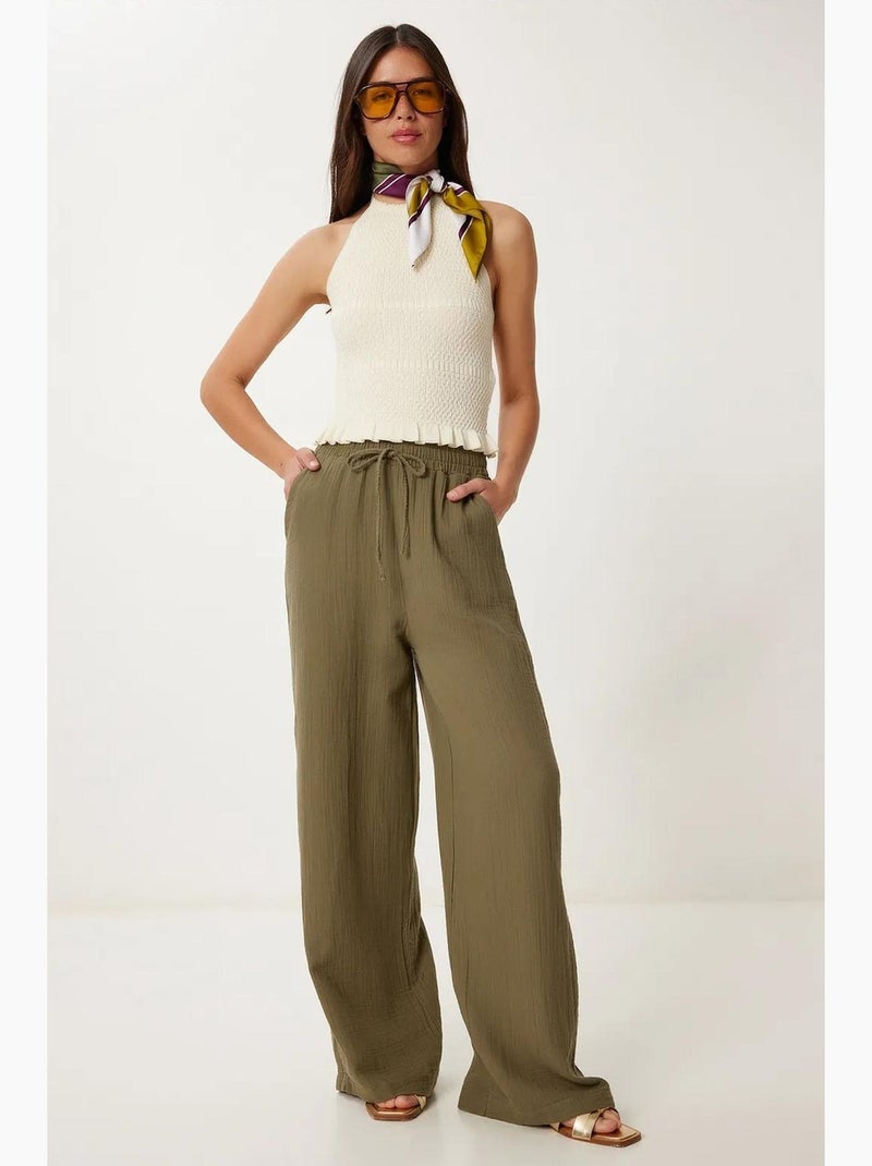 Preciosos pantalones estambul de pierna ancha con cordón y detalle de ribete. Istanbul Verde caqui - Kiabi