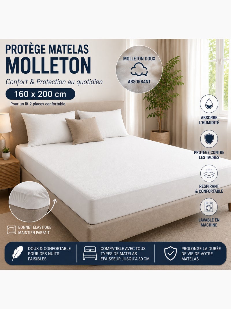 Protector de colchón de muletón 160 x 200 cm – suavidad y protección a diario Blanco - Kiabi