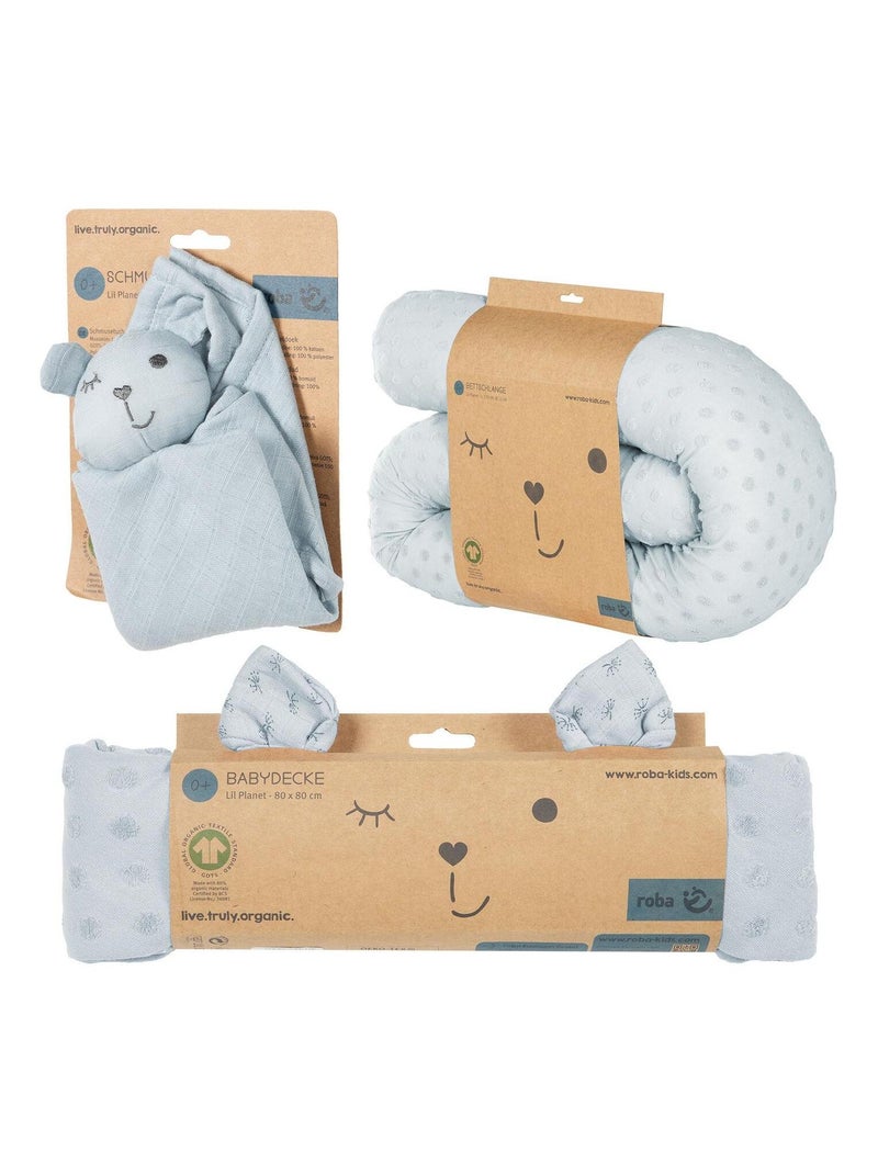 Protector de cuna + manta y peluche en algodón orgánico 'Roba lil planet' Azul pastel - Kiabi