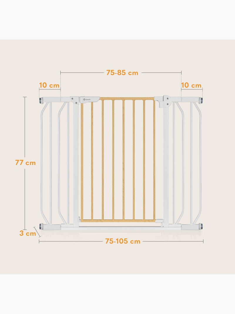 Puerta de seguridad para bebés LIONELO Truus Slim - 75-105 cm - Montaje a presión - No requiere tala Blanco Marrón - Kiabi