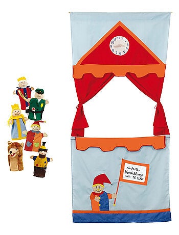 Puerta teatro de guiñol para colgar + 6 marionetas de mano