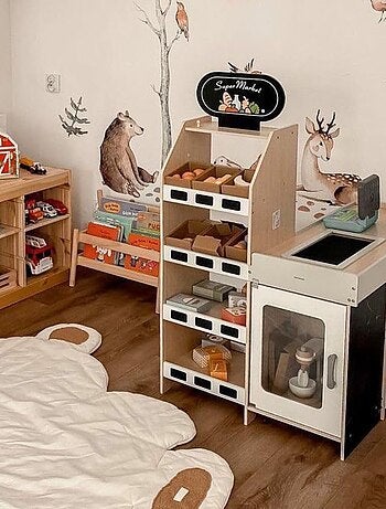 Puesto de madera infantil de mercado y verduras con accesorios para juego de rol