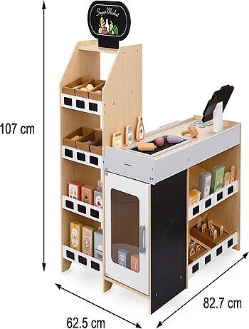 Puesto de madera infantil de mercado y verduras con accesorios para juego de rol