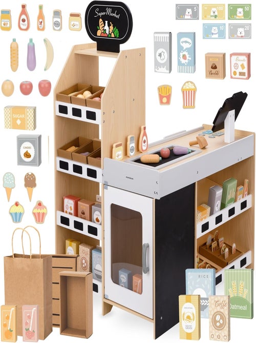 Puesto de madera infantil de mercado y verduras con accesorios para juego de rol - Kiabi Puesto de madera infantil de mercado y verduras con accesorios para juego de rol - Kiabi