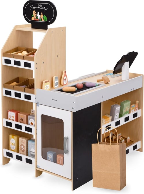 Puesto de madera infantil de mercado y verduras con accesorios para juego de rol - Kiabi Puesto de madera infantil de mercado y verduras con accesorios para juego de rol - Kiabi