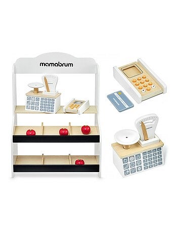 Puesto de venta de madera con balanza Mamabrum