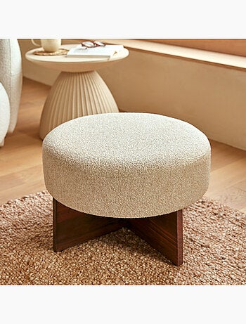 Puf redondo de tela bouclé con base de madera