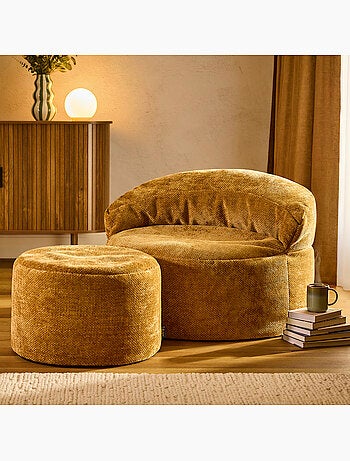 Puf sillón auxiliar decorativo orb con reposapiés redondo de tejido chenilla texturizada - icon