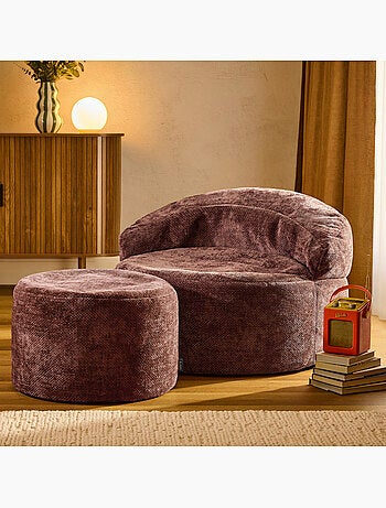 Puf sillón auxiliar decorativo orb con reposapiés redondo de tejido chenilla texturizada - icon