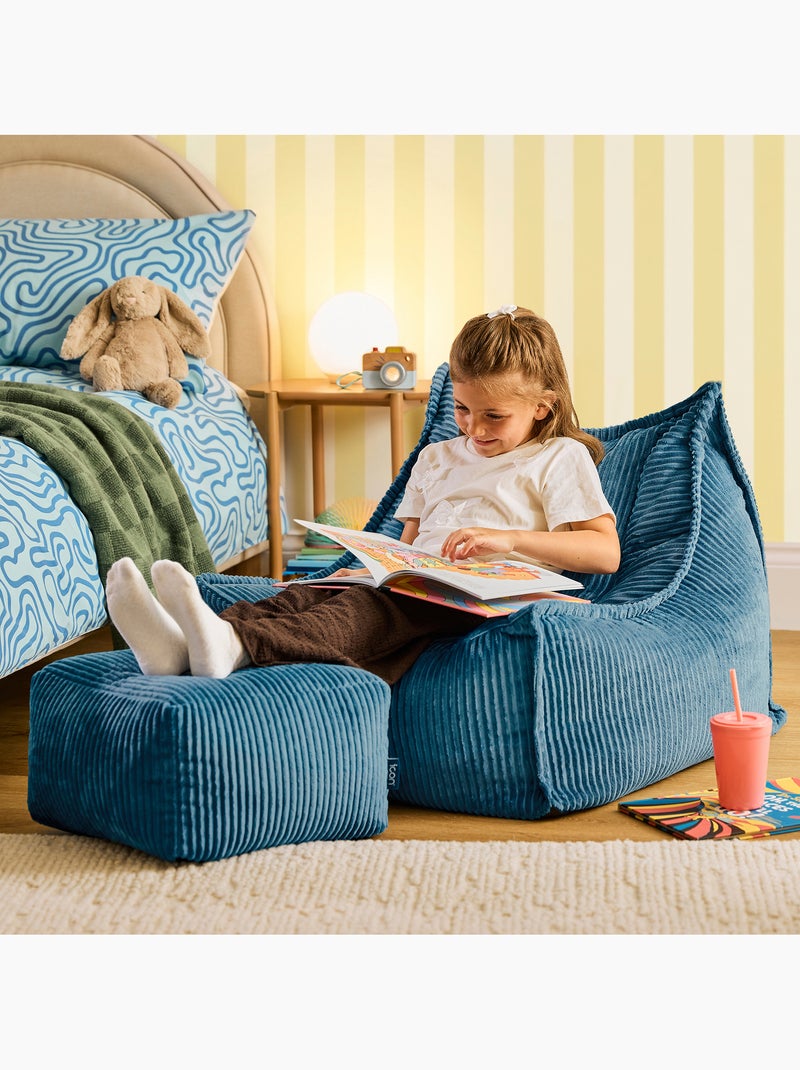 Puf sillón para niños mayores con reposapiés cuadrado a juego de pana - icon Azul vaquero - Kiabi