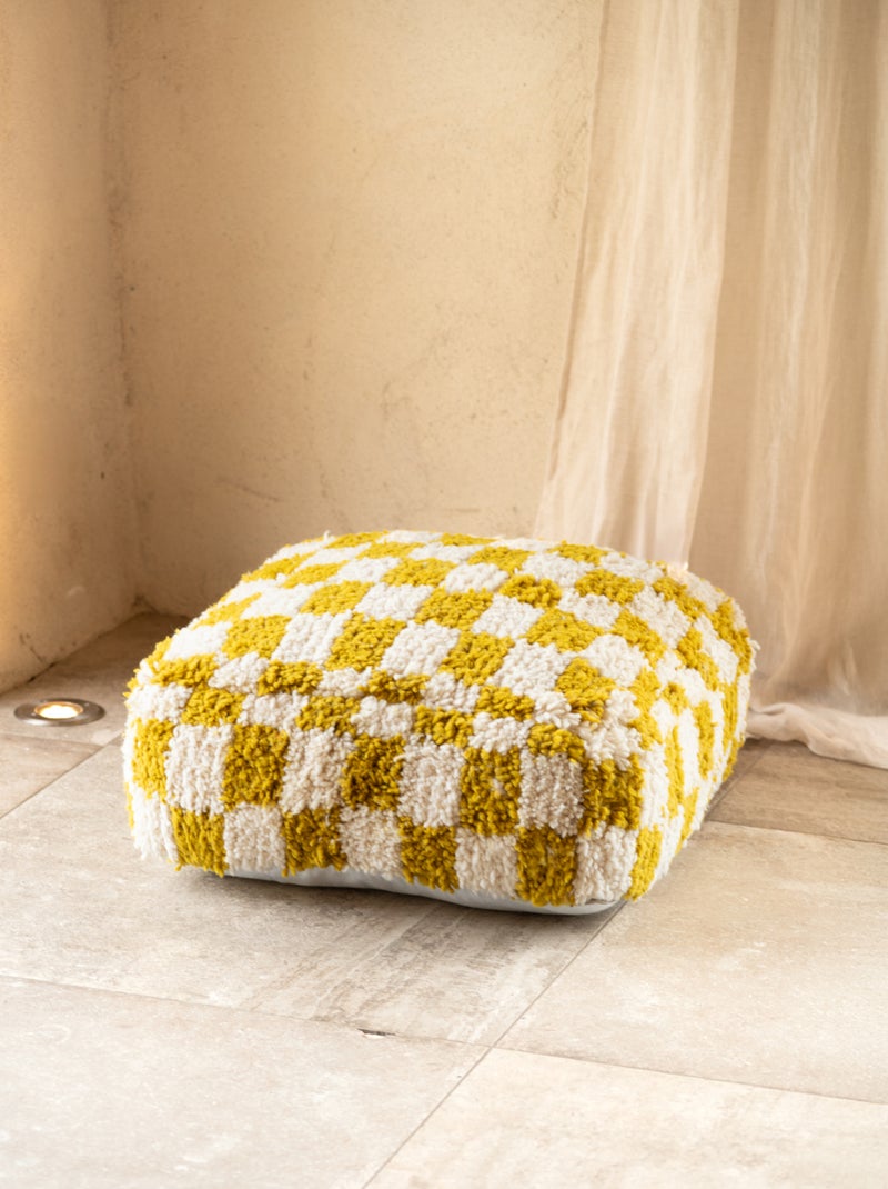 Puff de lana a cuadros con relleno Amarillo mostaza - Kiabi
