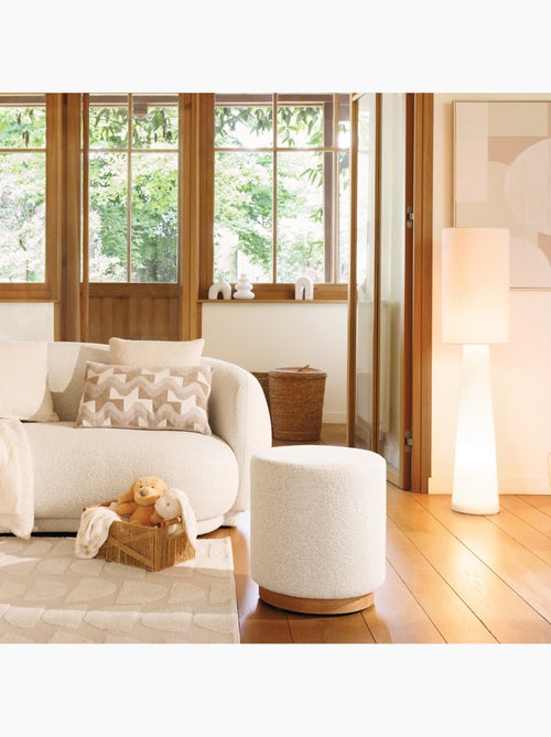 Puff redondo de tela bouclette con base de madera - Kiabi