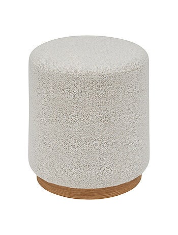 Puff redondo de tela bouclette con base de madera