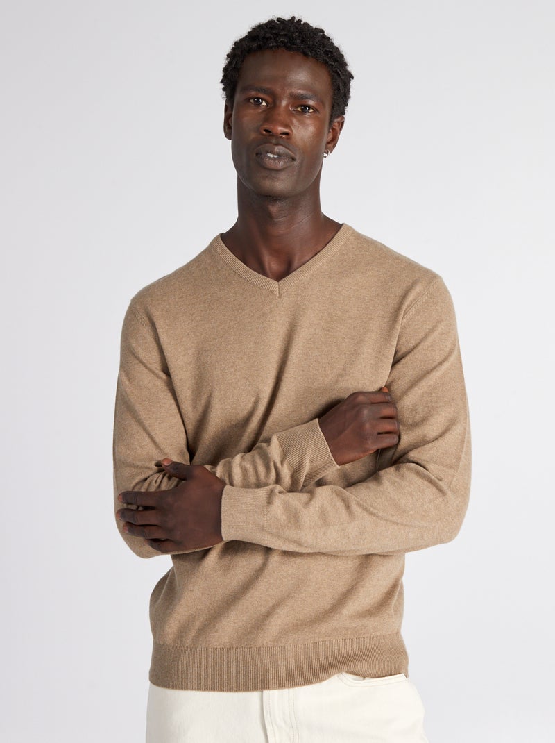 Pull básico de punto liso beige chiné - Kiabi