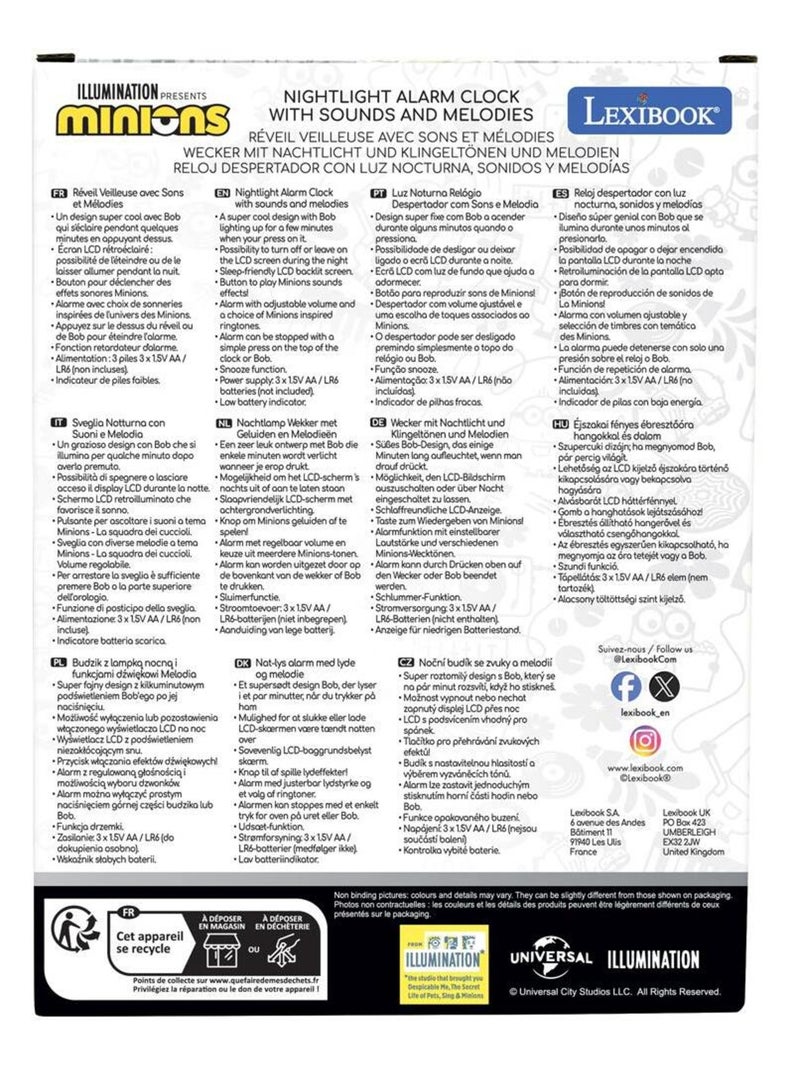 Reloj despertador con luz nocturna Diseño en 3D Los Minions y efectos de sonido Amarillo - Kiabi