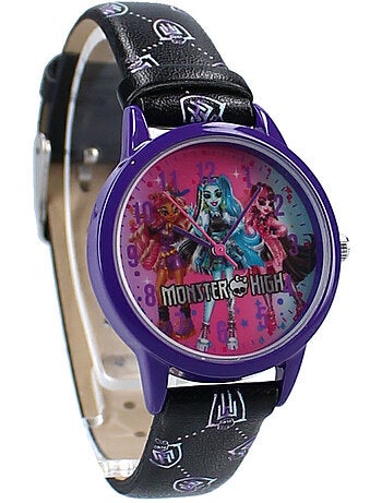 Reloj infantil monster high esfera rosa magenta con personajes - correa negra monster high