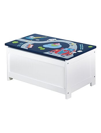 ROBA Banco baúl para juguetes "Rennfahrer" en madera para niños - cierre suave - blanco/azul