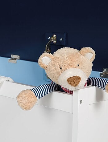 ROBA Banco baúl para juguetes "Rennfahrer" en madera para niños - cierre suave - blanco/azul