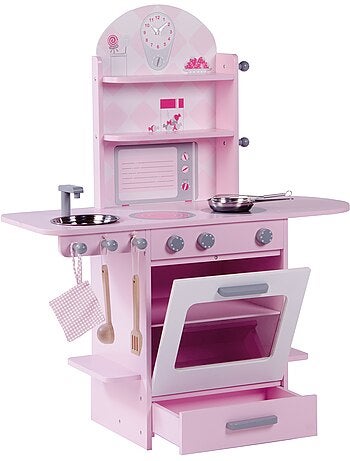 ROBA Cocina infantil en madera + fregadero y accesorios - desde 3 años - rosa/blanco