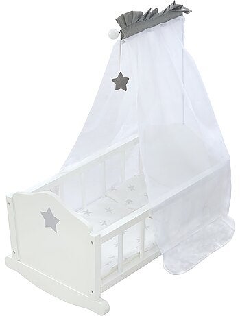 ROBA Cuna para muñecas completa "Stella" - incluye textil con diseño de estrellas - blanco/gris