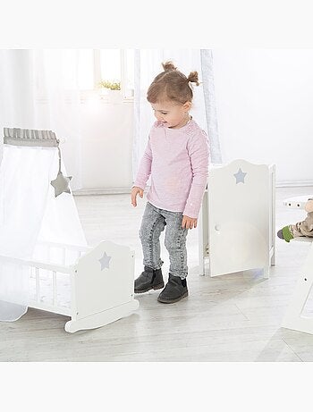 ROBA Cuna para muñecas completa "Stella" - incluye textil con diseño de estrellas - blanco/gris