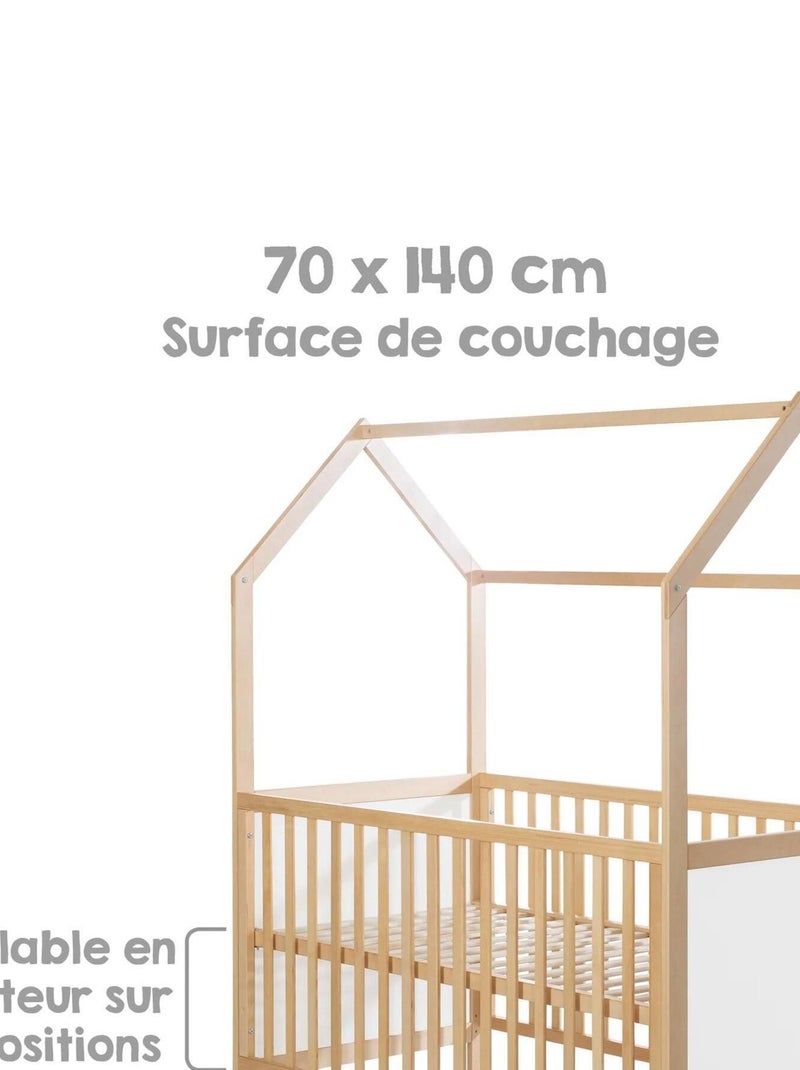 ROBA Cuna tipo casita evolutiva 70x140 - certificada FSC - convertible - altura ajustable Blanco Marrón - Kiabi