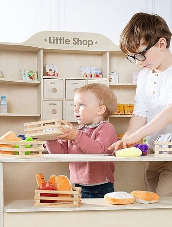 ROBA Gran tienda infantil en madera con estantes y 6 cajones + 2 mostradores