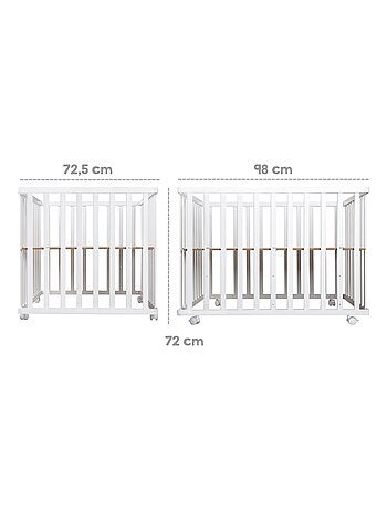 ROBA Parque infantil en madera 75x100 "Fox & Bunny" + alfombra de parque y ruedas con freno - Blanco