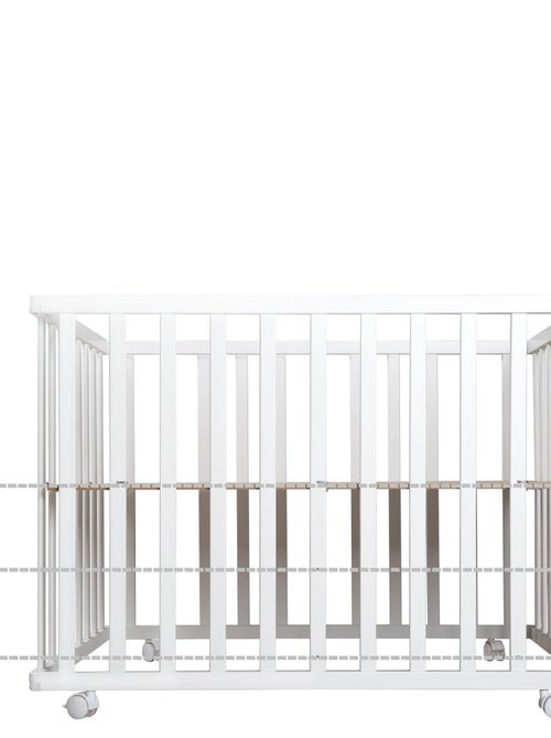 ROBA Parque infantil en madera 75x100 "Indibear" + alfombra de parque y ruedas con freno - Blanco - Kiabi