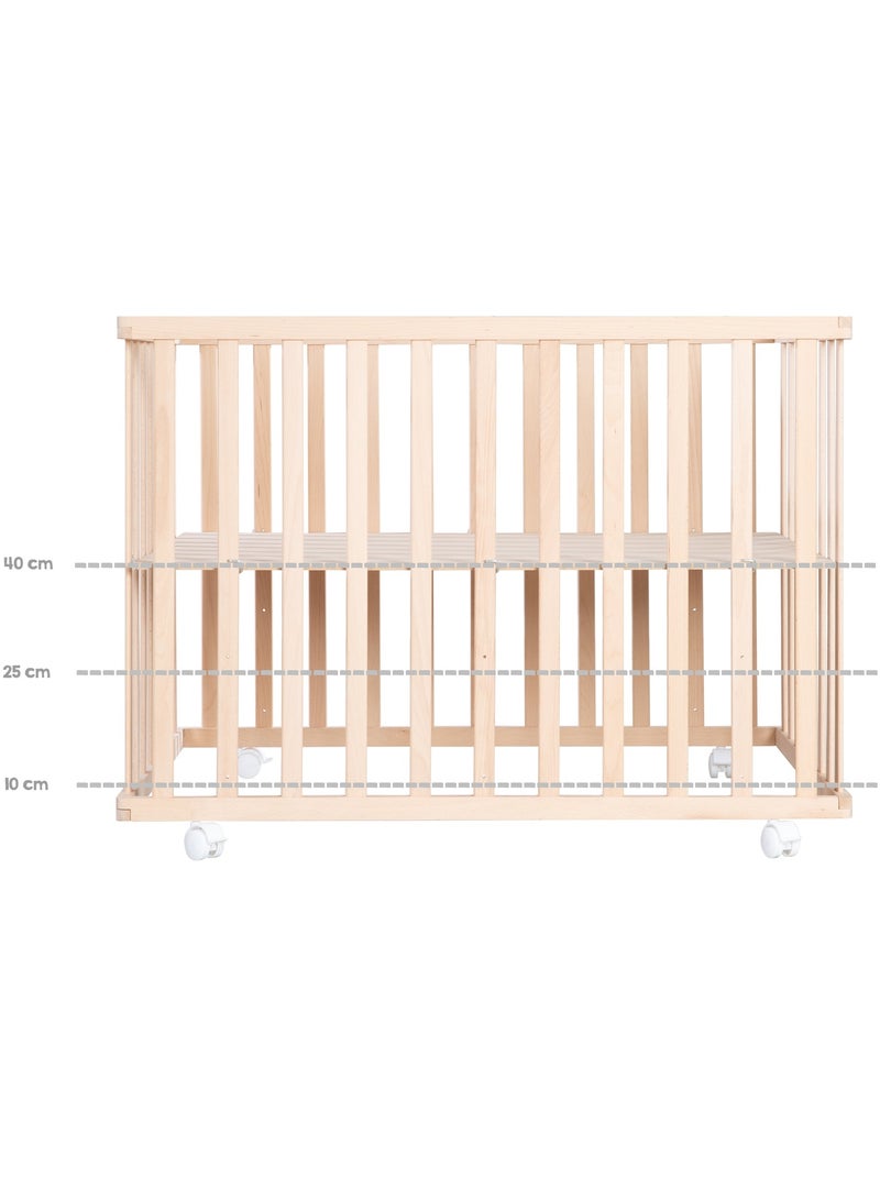 ROBA Parque infantil en madera 75x100 "Jumbotwins" + alfombra de parque y ruedas con freno - Blanco Madera natural - Kiabi