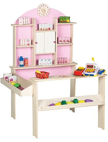ROBA Tienda de juegos en madera con reloj + caja registradora, micrófono y accesorios - rosa/natural