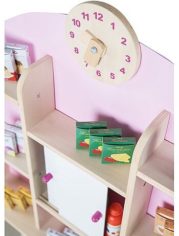 ROBA Tienda de juegos en madera con reloj + caja registradora, micrófono y accesorios - rosa/natural