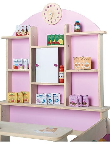 ROBA Tienda de juegos en madera con reloj + caja registradora, micrófono y accesorios - rosa/natural