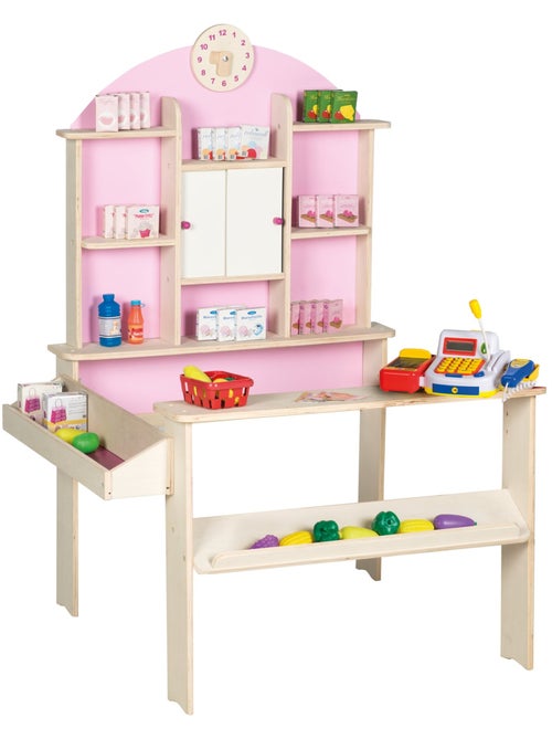 ROBA Tienda de juegos en madera con reloj + caja registradora, micrófono y accesorios - rosa/natural - Kiabi