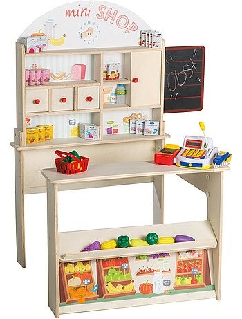 ROBA Tienda de juegos en madera Minishop con reloj y pizarra - incluye accesorios - natural