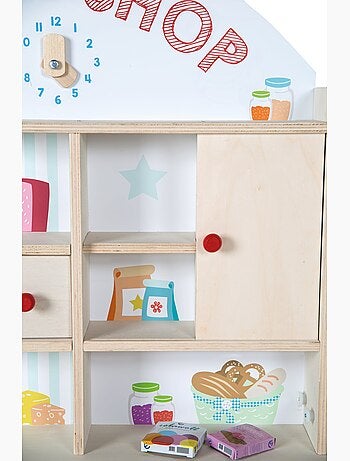 ROBA Tienda de juegos en madera Minishop con reloj y pizarra - incluye accesorios - natural