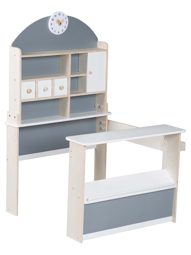 ROBA Tienda en madera con estantes y 3 cajones + 2 mostradores y reloj Blanco Gris - Kiabi