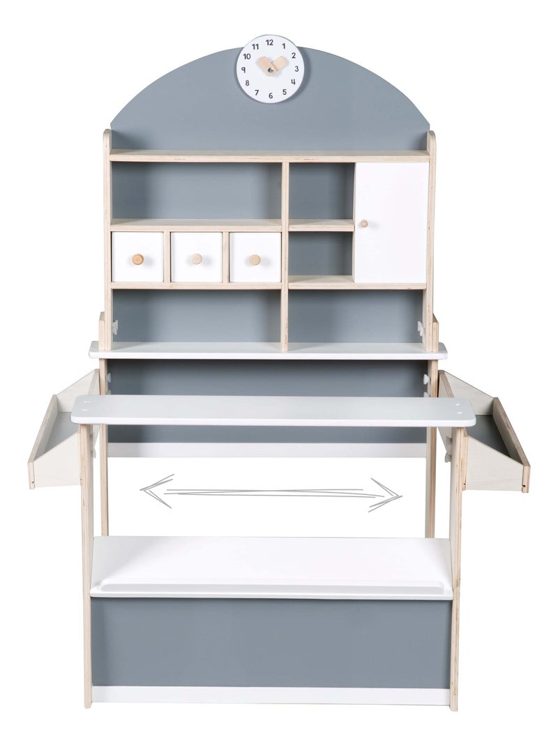 ROBA Tienda en madera con estantes y 3 cajones + 2 mostradores y reloj Blanco Gris - Kiabi