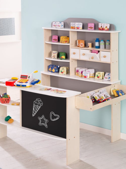 ROBA Tienda infantil en madera con 4 cajones - estantes y pizarra negra - Kiabi