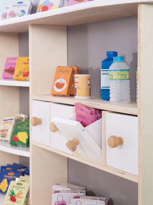 ROBA Tienda infantil en madera con 4 cajones - estantes y pizarra negra - Kiabi