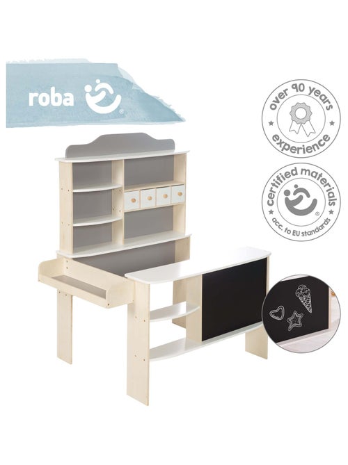 ROBA Tienda infantil en madera con 4 cajones - estantes y pizarra negra - Kiabi