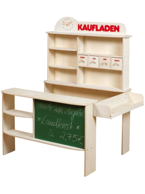 ROBA Tienda infantil en madera con 4 cajones y estantes - reloj y pizarra - Kiabi