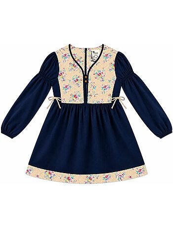 Robe hiver fille en velours bleu marine, fleurie rose | margot - la faute à voltaire - [couleur]