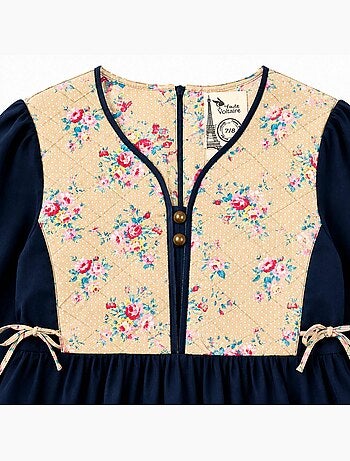 Robe hiver fille en velours bleu marine, fleurie rose | margot - la faute à voltaire - [couleur]