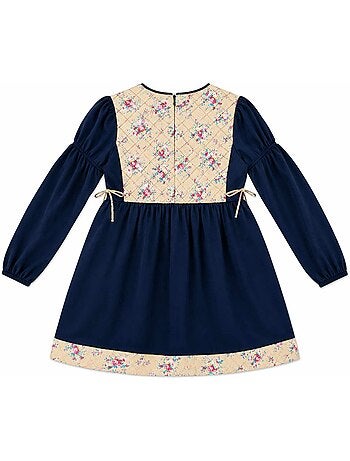 Robe hiver fille en velours bleu marine, fleurie rose | margot - la faute à voltaire - [couleur]