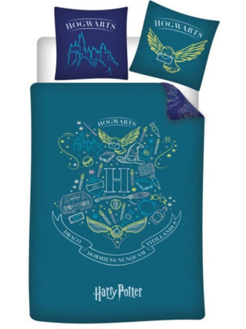 Ropa de Cama Harry Potter Hogwarts 140x200 cm + Funda 63x63 cm 100% Poliéster Reversible - Kiabi Ropa de Cama Harry Potter Hogwarts 140x200 cm + Funda 63x63 cm 100% Poliéster Reversible - Kiabi