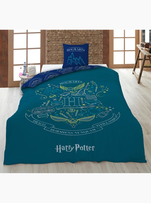 Ropa de Cama Harry Potter Hogwarts 140x200 cm + Funda 63x63 cm 100% Poliéster Reversible - Kiabi Ropa de Cama Harry Potter Hogwarts 140x200 cm + Funda 63x63 cm 100% Poliéster Reversible - Kiabi