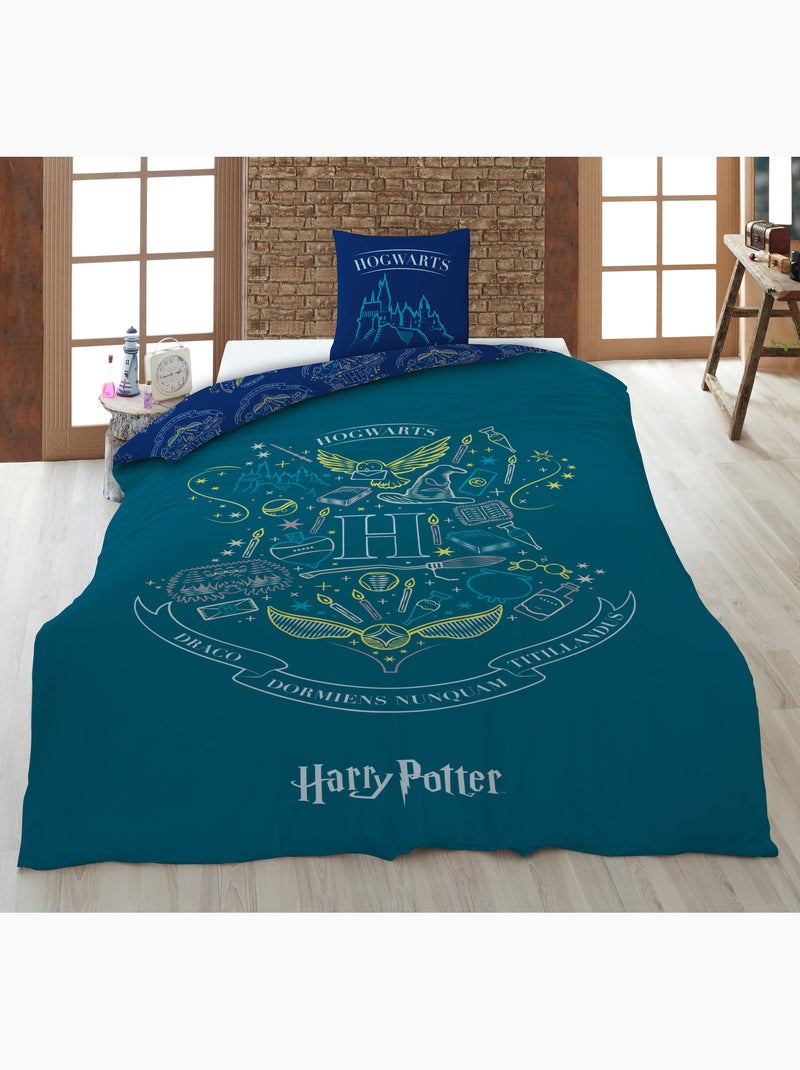 Ropa de Cama Harry Potter Hogwarts 140x200 cm + Funda 63x63 cm 100% Poliéster Reversible Negro Azul Azul - Kiabi