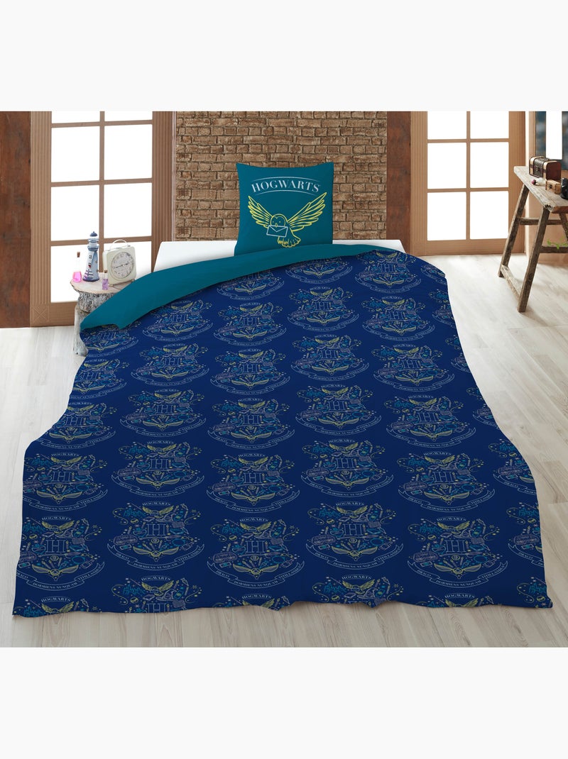 Ropa de Cama Harry Potter Hogwarts 140x200 cm + Funda 63x63 cm 100% Poliéster Reversible Negro Azul Azul - Kiabi